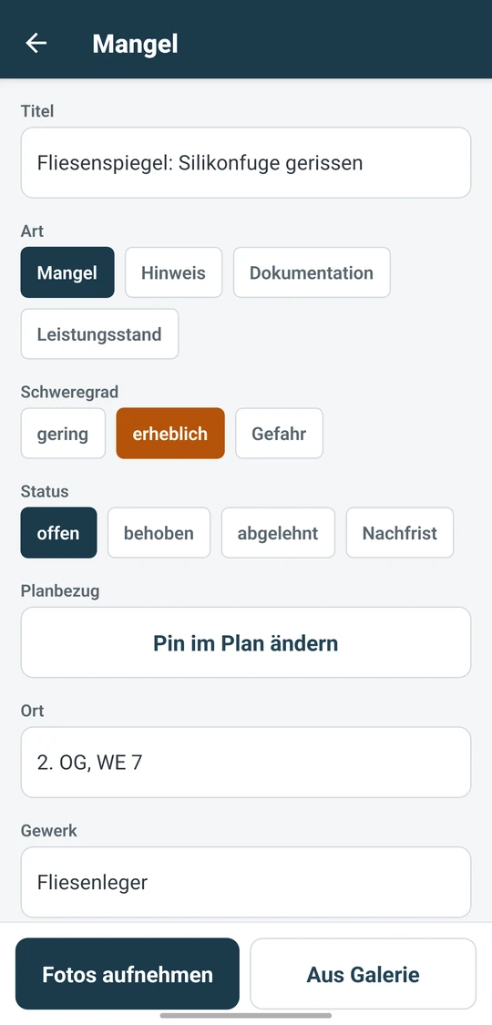Protokoll: Mangel mit Schweregrad, Status und Planbezug erfassen